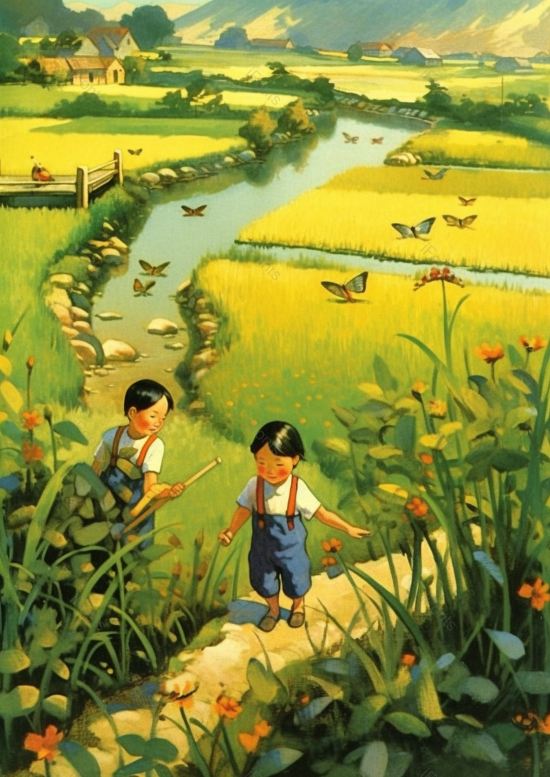 两位小朋友油菜花田野小溪和远处的房屋,插画/手绘图,插画/手绘图库,插画/手绘图下载,插画/手绘